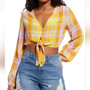 BP Plaid Long Sleeve Crop Tie-Front Blouse